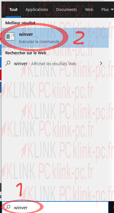 Tapez "winver" dans la barre de recherche Windows