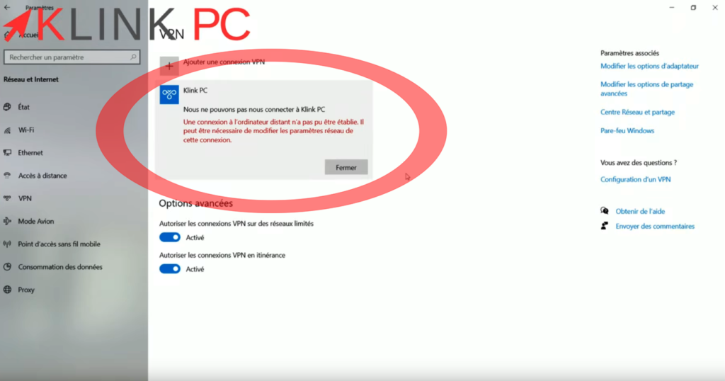 Message d'erreur lors d'une connexion VPN sur Windows 10