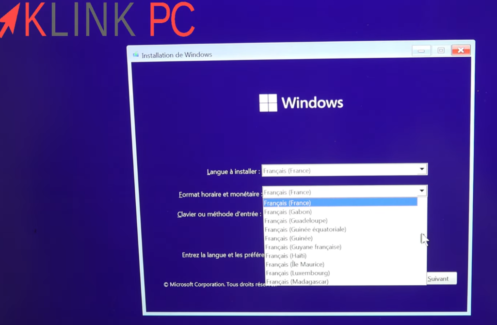 Choix de la langue pour l'installation de Windows 11