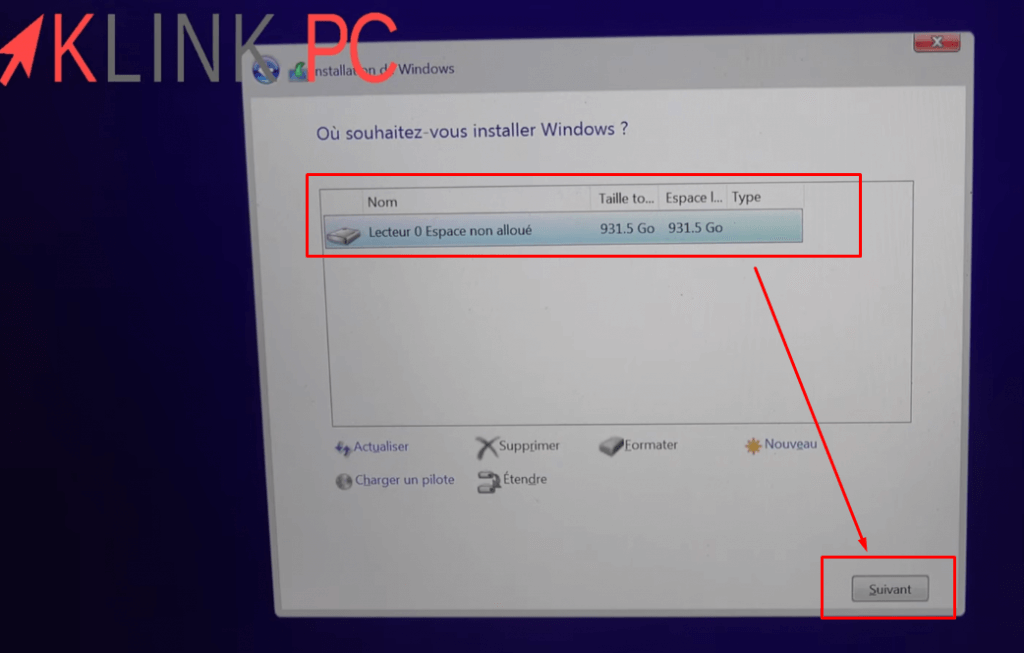 Choix du disque dur sur lequel installer Windows 11